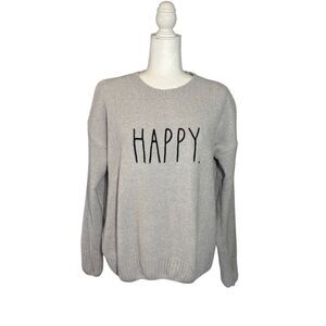 Rae Dunn “HAPPY” heathered gray knit sweater - M